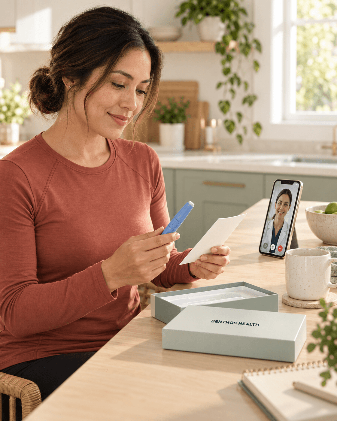 A woman on a video call with a clinician
