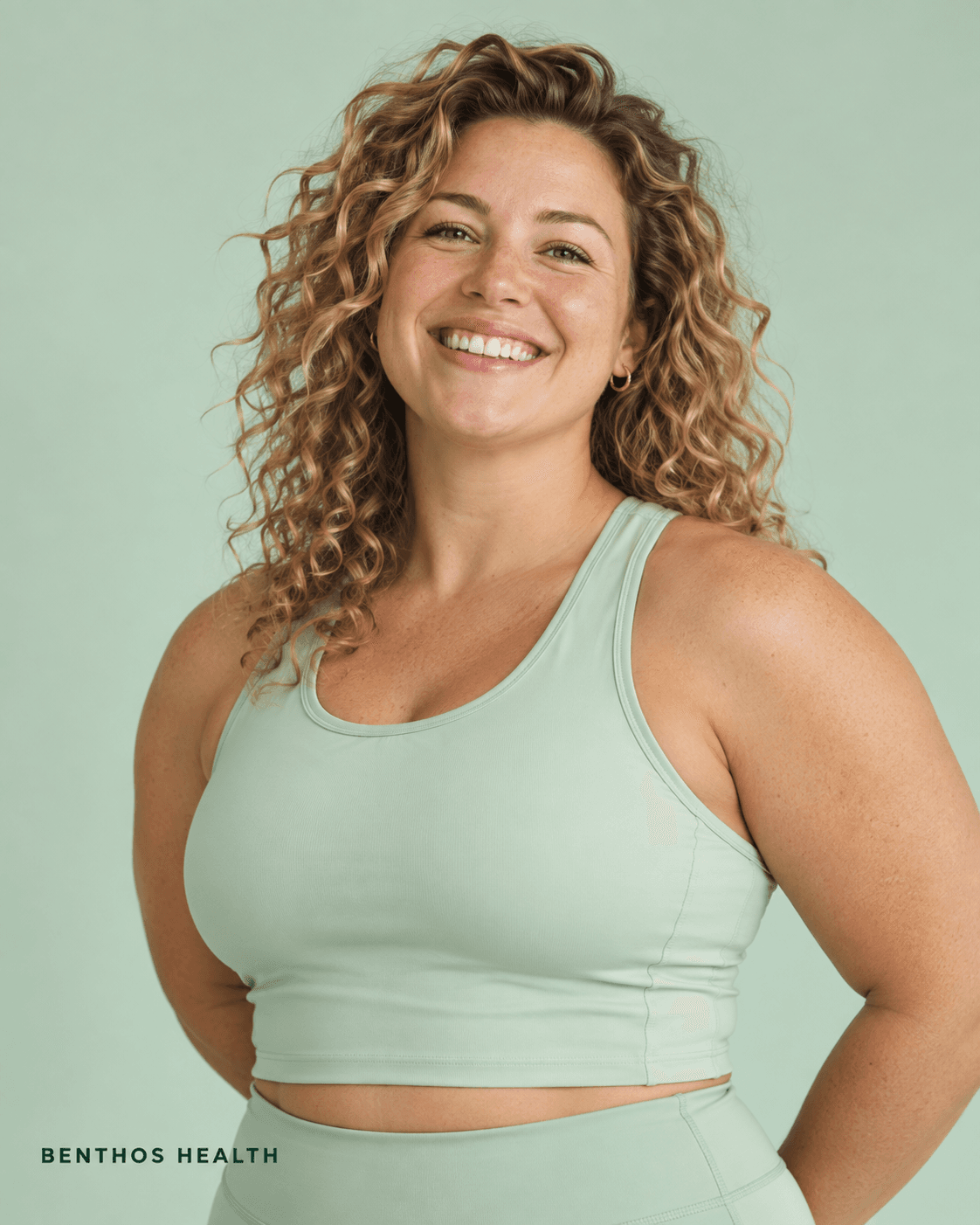 A smiling woman in Benthos Health activewear